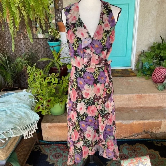 Sara Campbell Black Floral Wrap Around mid Length Dress size 2 - Picture 1 of 7
